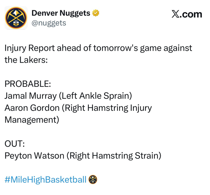 掘金核心球员伤情更新 两大主力或复出冲击季后